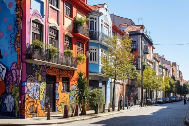 Street scene in Cedofeita Porto with shops cafes and local buildings