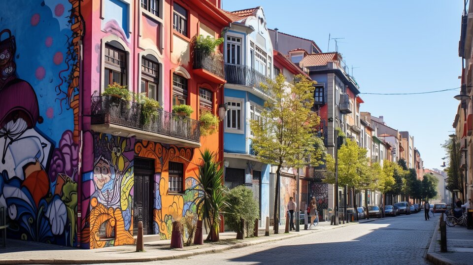 Street scene in Cedofeita Porto with shops cafes and local buildings