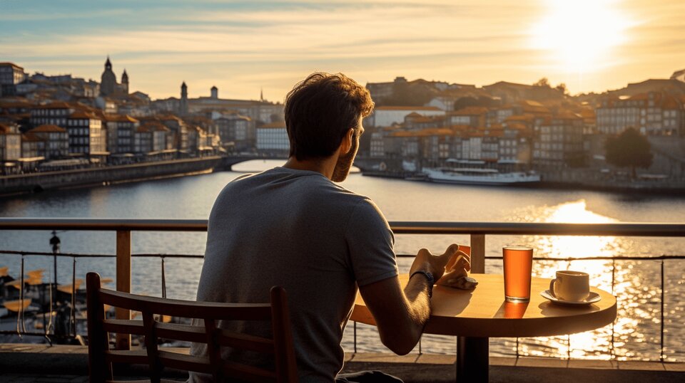 Solo diner at a Porto cafe table with food and a drink