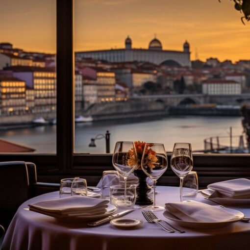 Fine dining table in Porto with carefully plated food and wine glasses