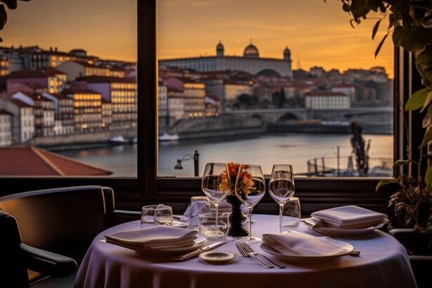 Fine dining table in Porto with carefully plated food and wine glasses