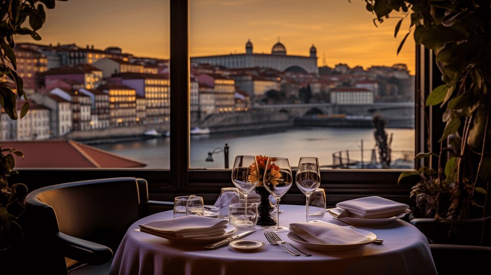 Fine dining table in Porto with carefully plated food and wine glasses