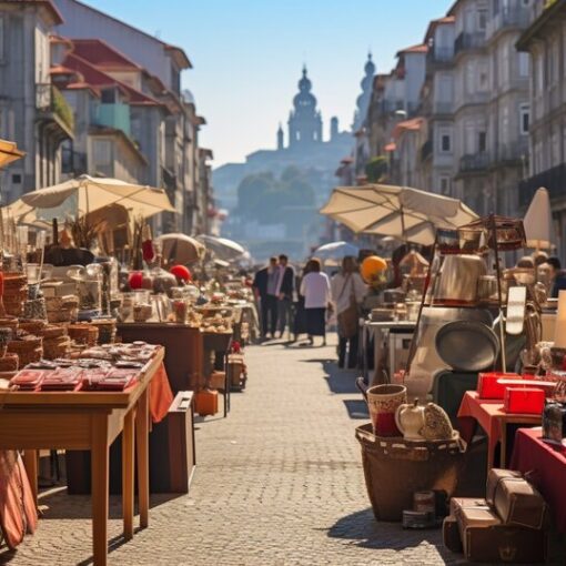 Market stalls in Porto with second-hand goods and local products