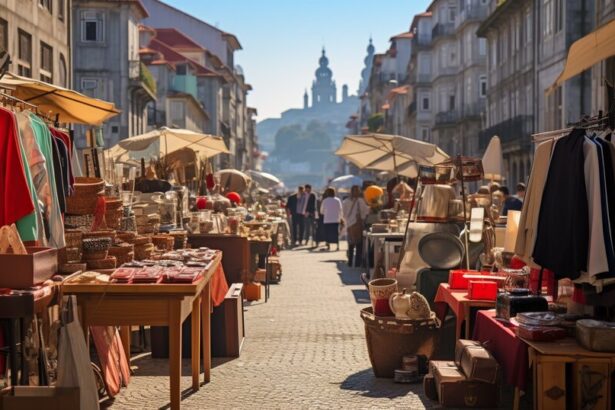 Market stalls in Porto with second-hand goods and local products