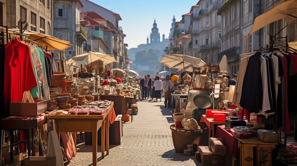 Market stalls in Porto with second-hand goods and local products