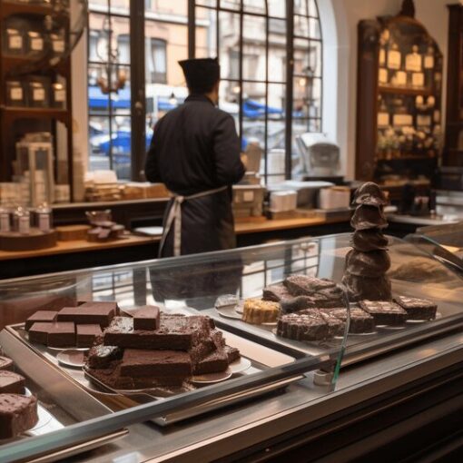 Chocolate desserts and handmade chocolates in a Porto cafe or chocolatier
