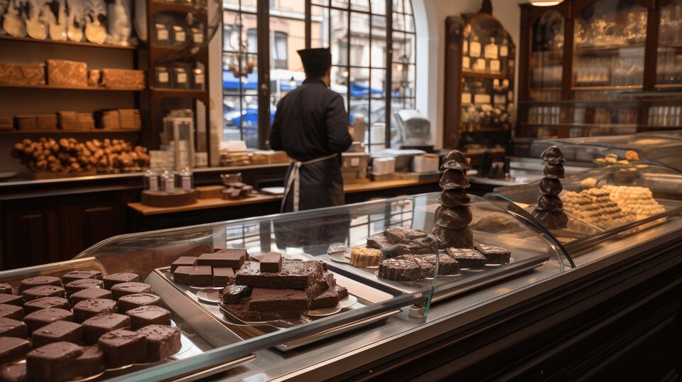 Chocolate desserts and handmade chocolates in a Porto cafe or chocolatier
