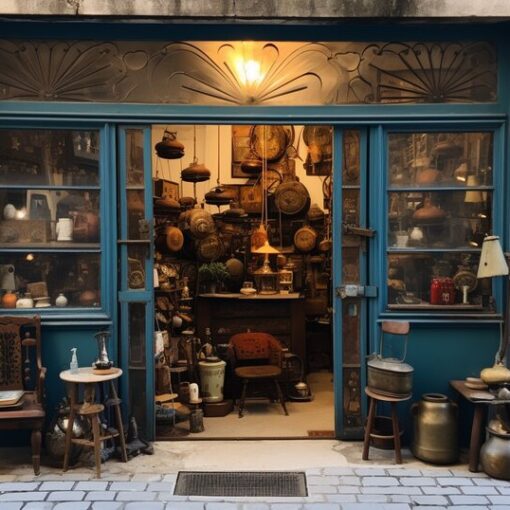 Vintage and antique objects displayed in a Porto second-hand shop