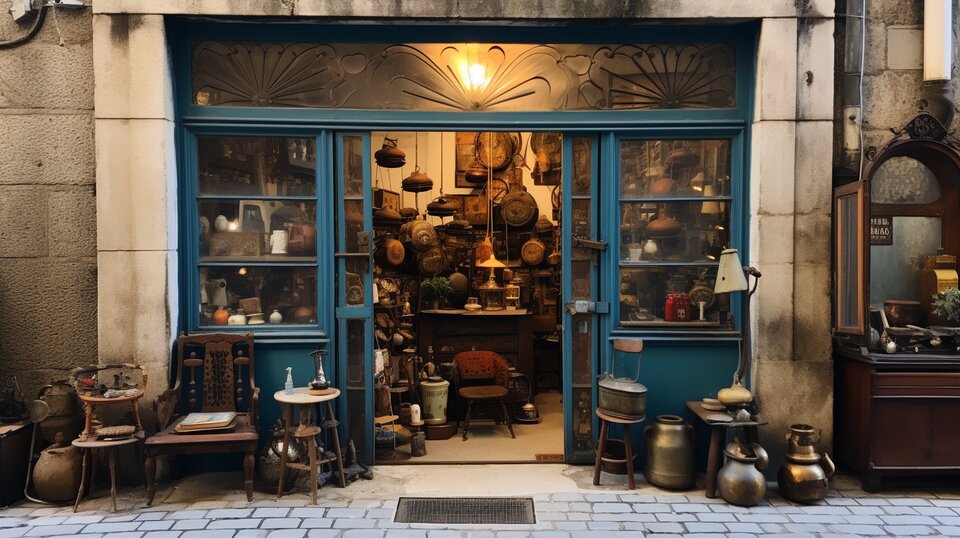 Vintage and antique objects displayed in a Porto second-hand shop