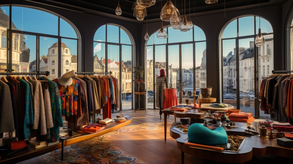 Fashion boutique in Porto with clothing racks and local designer pieces