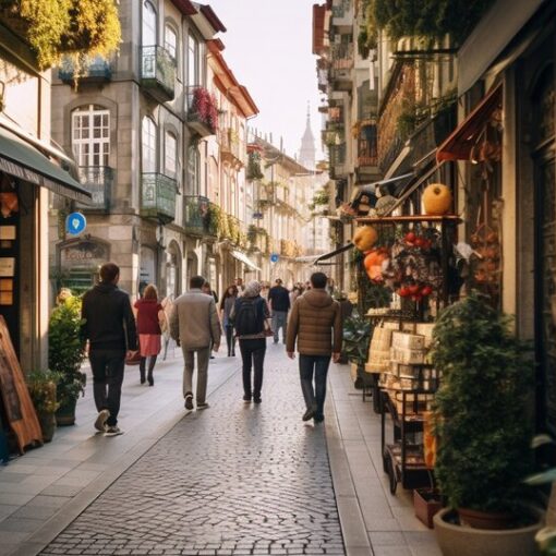 Shopping street in Porto with storefronts and pedestrians