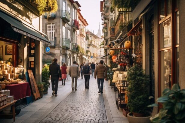 Shopping street in Porto with storefronts and pedestrians
