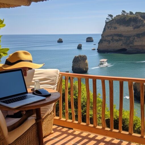 Freelancer paperwork and laptop for self-employment planning in Portugal