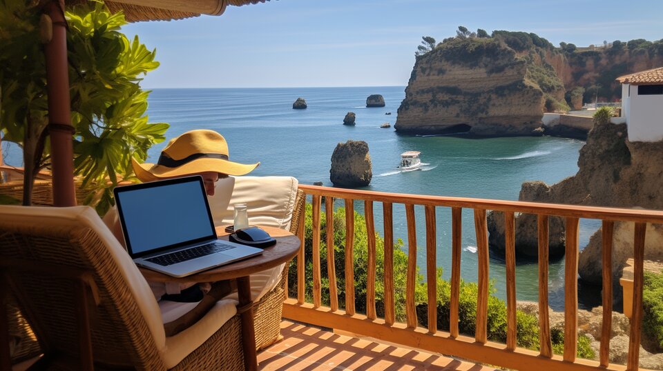 Freelancer paperwork and laptop for self-employment planning in Portugal