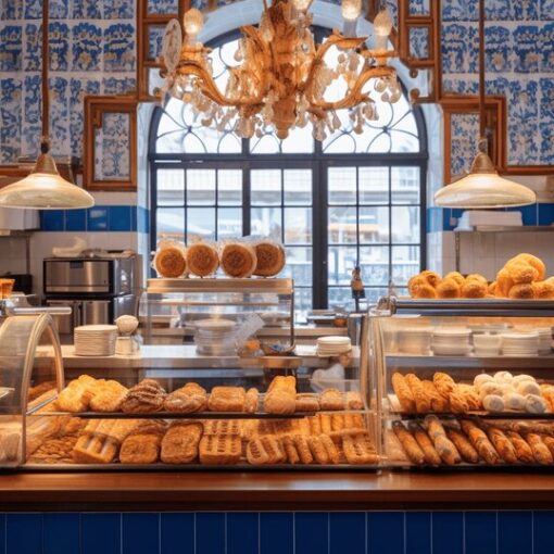 Bakery counter in Porto with bread and Portuguese pastries