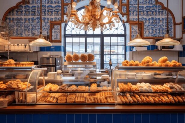 Bakery counter in Porto with bread and Portuguese pastries