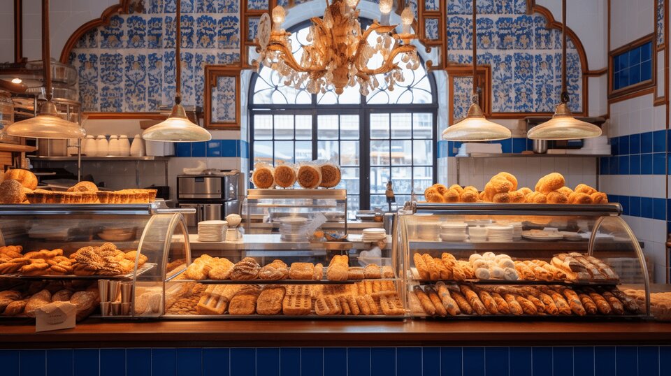 Bakery counter in Porto with bread and Portuguese pastries
