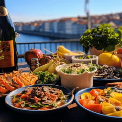 Weekend food spread in Porto with seafood pastries wine and Portuguese dishes