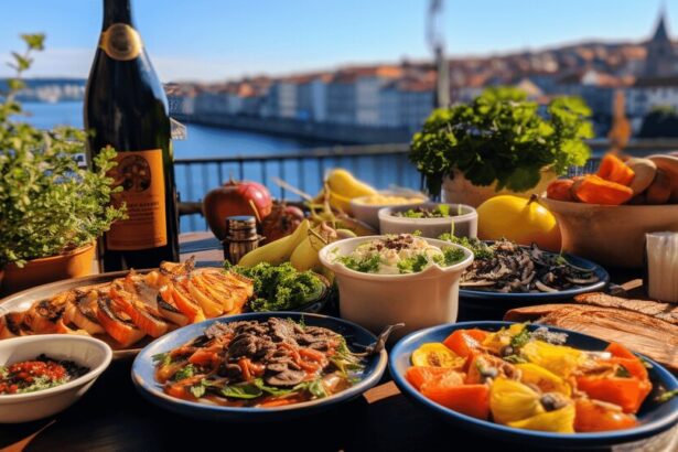 Weekend food spread in Porto with seafood pastries wine and Portuguese dishes