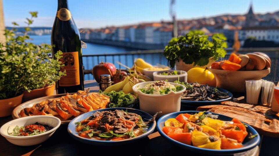 Weekend food spread in Porto with seafood pastries wine and Portuguese dishes