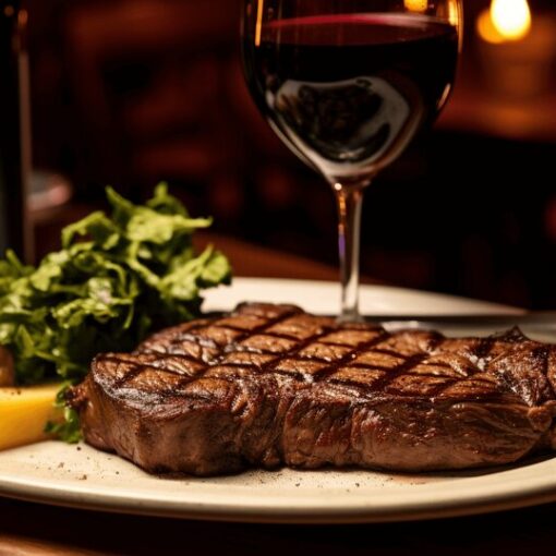 Grilled steak served in Porto with potatoes wine and a restaurant table setting