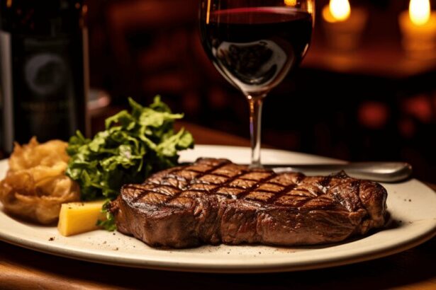 Grilled steak served in Porto with potatoes wine and a restaurant table setting