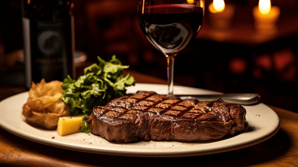 Grilled steak served in Porto with potatoes wine and a restaurant table setting