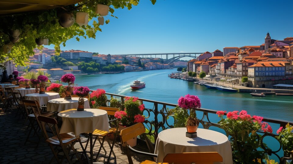 Vila Nova de Gaia riverfront with port wine cellars and views of Porto