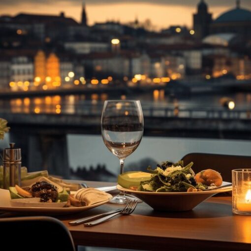 Business lunch table in Porto with wine glasses plates and a calm restaurant setting