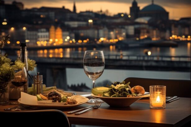 Business lunch table in Porto with wine glasses plates and a calm restaurant setting