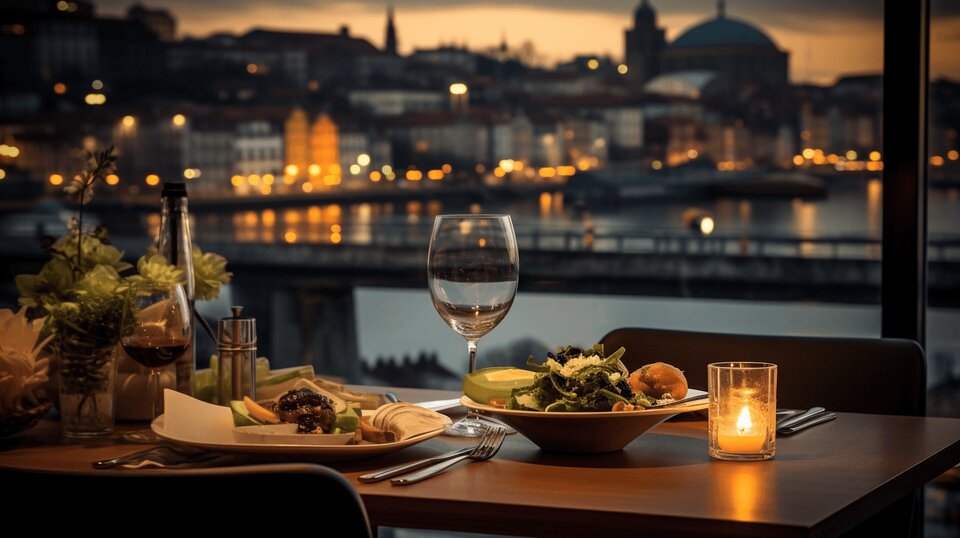 Business lunch table in Porto with wine glasses plates and a calm restaurant setting